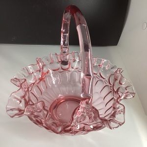 Fenton Cranberry Thumbprint Ruffle Basket Matching Color Crimped Handle